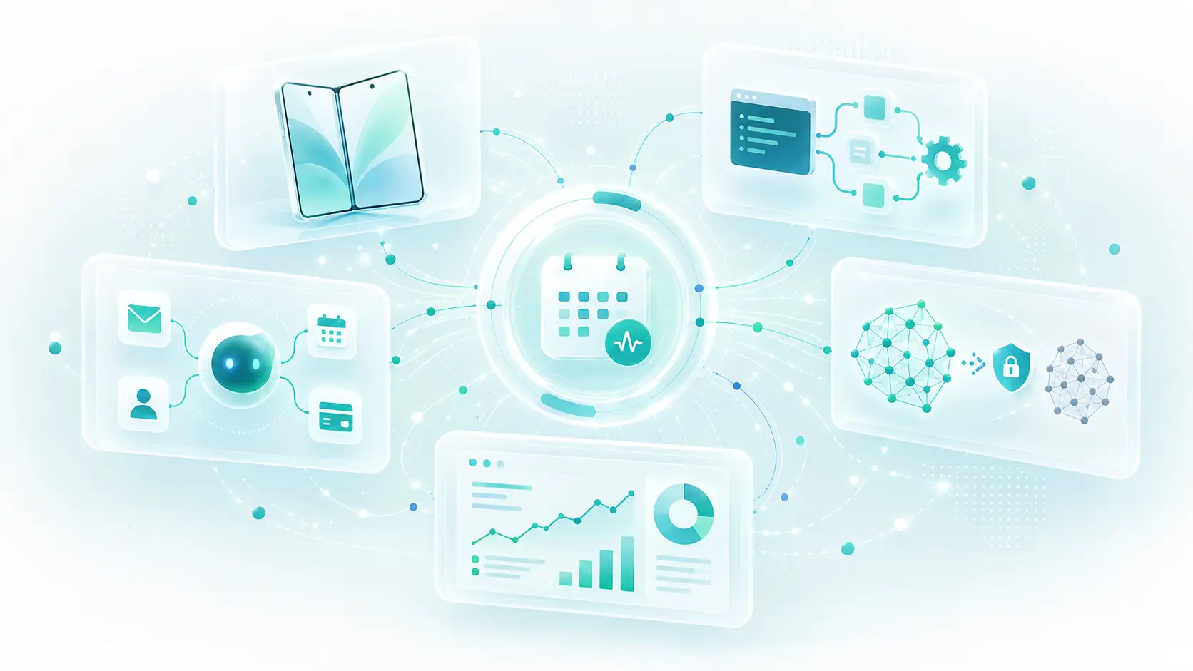 A weekly news hub connecting a foldable phone, AI agent workflow, personal assistant, model security dispute and analytics dashboard