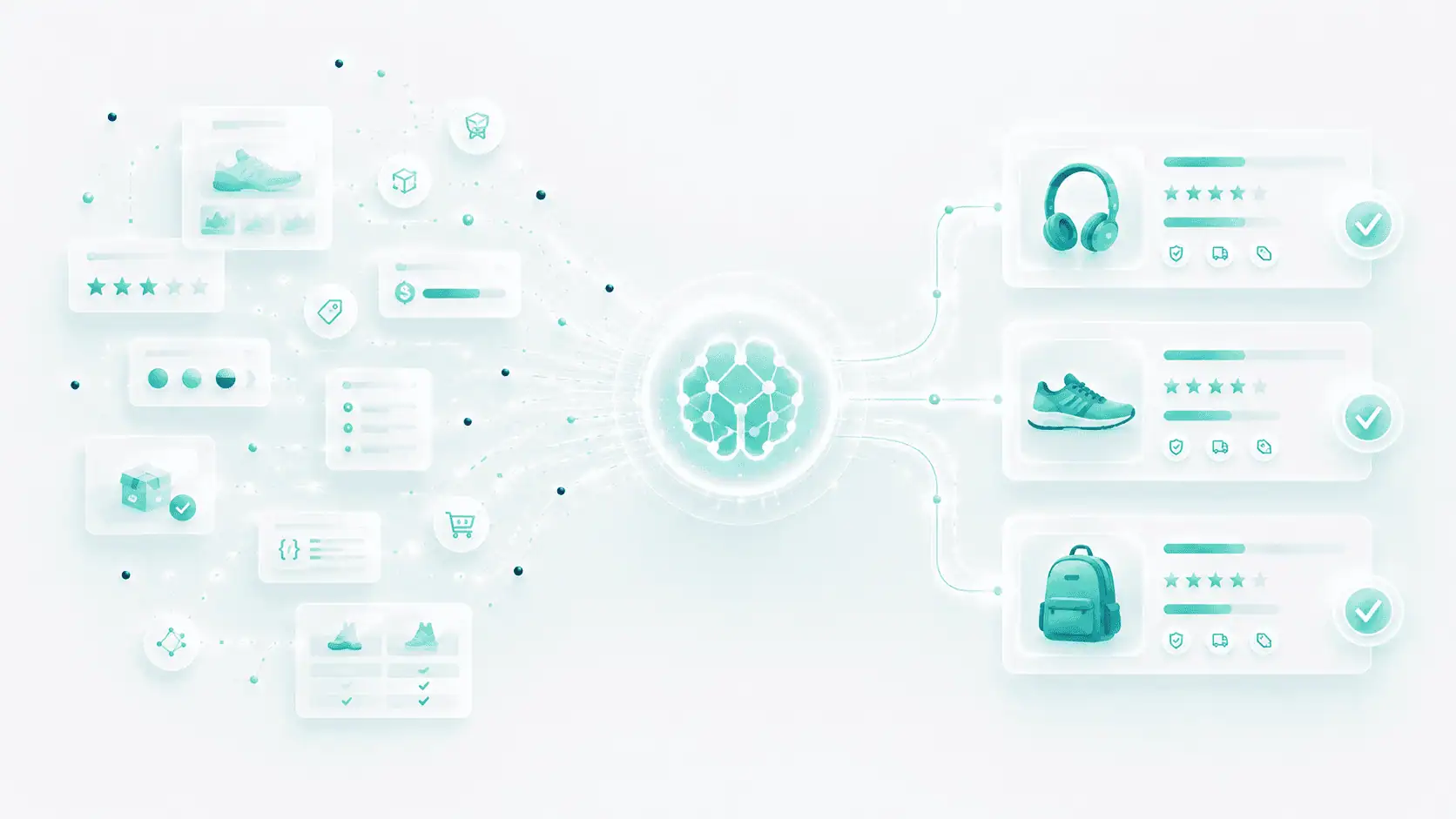 Scattered product data — images, prices, ratings, variants, shipping and JSON-LD — passing through an AI assistant into three ranked product cards with ratings and trust badges