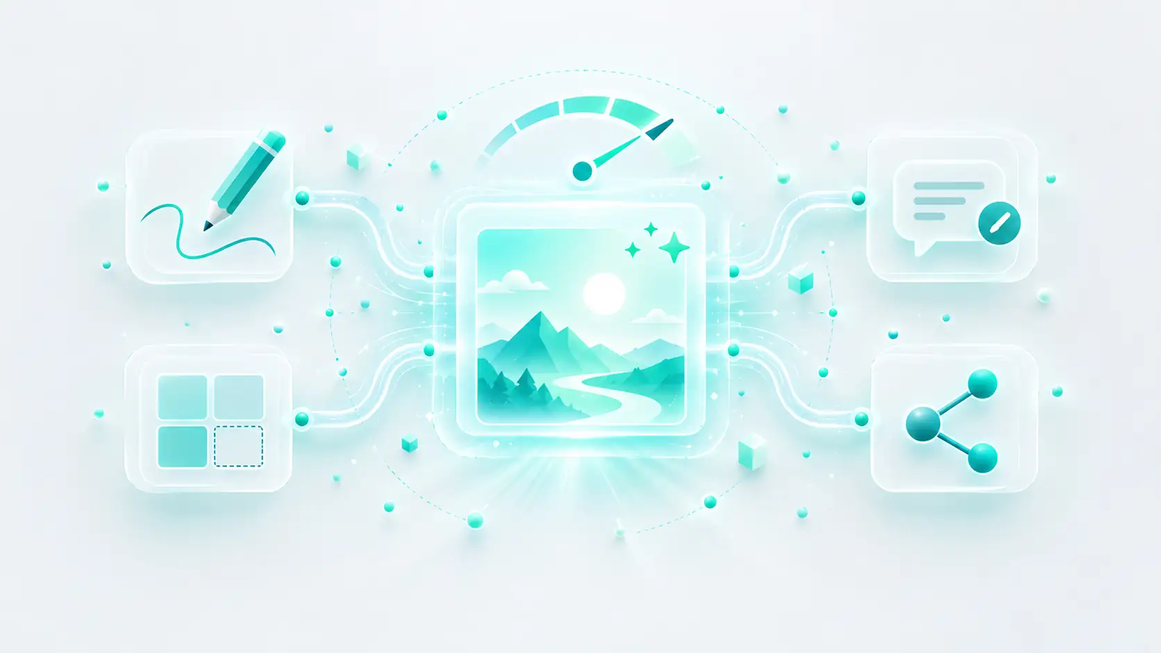 A central image canvas connected to sketch, template, comment and sharing tools, illustrating the ChatGPT Images 2.5 workflow