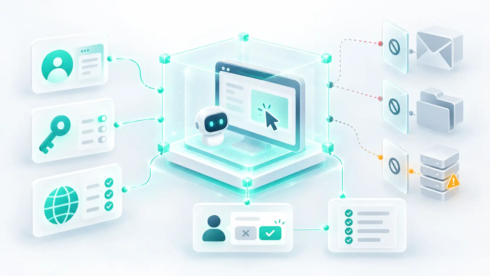A computer-use AI agent operating inside a protective sandbox with scoped credentials, network controls, approval gates and audit logging