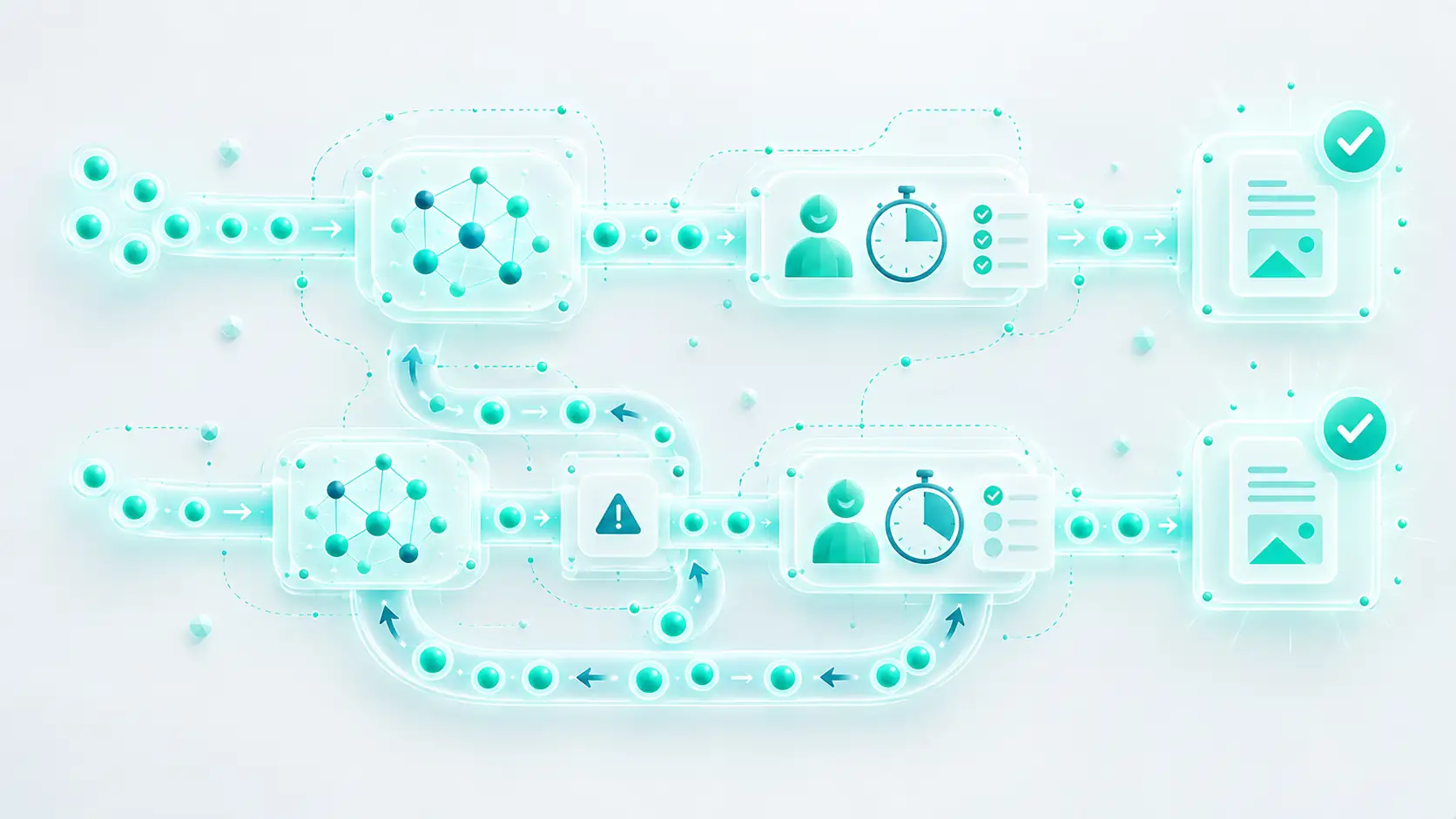 AI token costs moving through retries, human review time and a finished-task pipeline to show the real cost per task