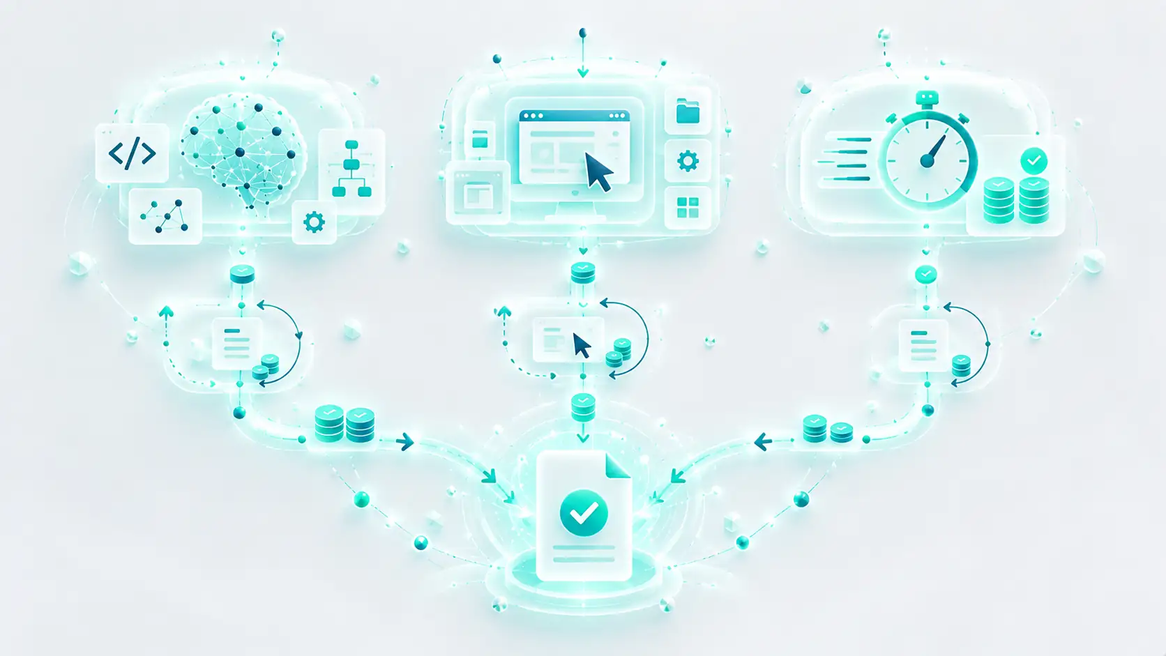 Three AI model workflows comparing coding, computer use, speed and retries before converging on a completed task