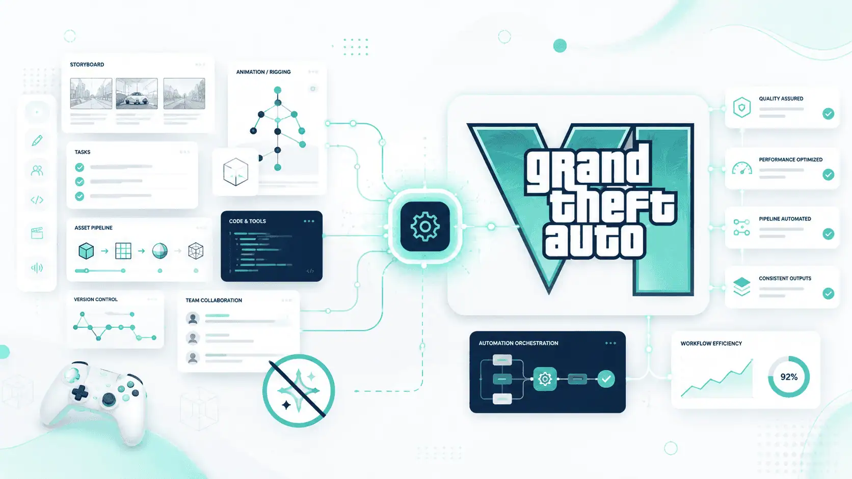A game production pipeline — storyboard, rigging, asset pipeline, version control — automated through a gear hub, with a crossed-out generative-AI sparkle marking what stays human