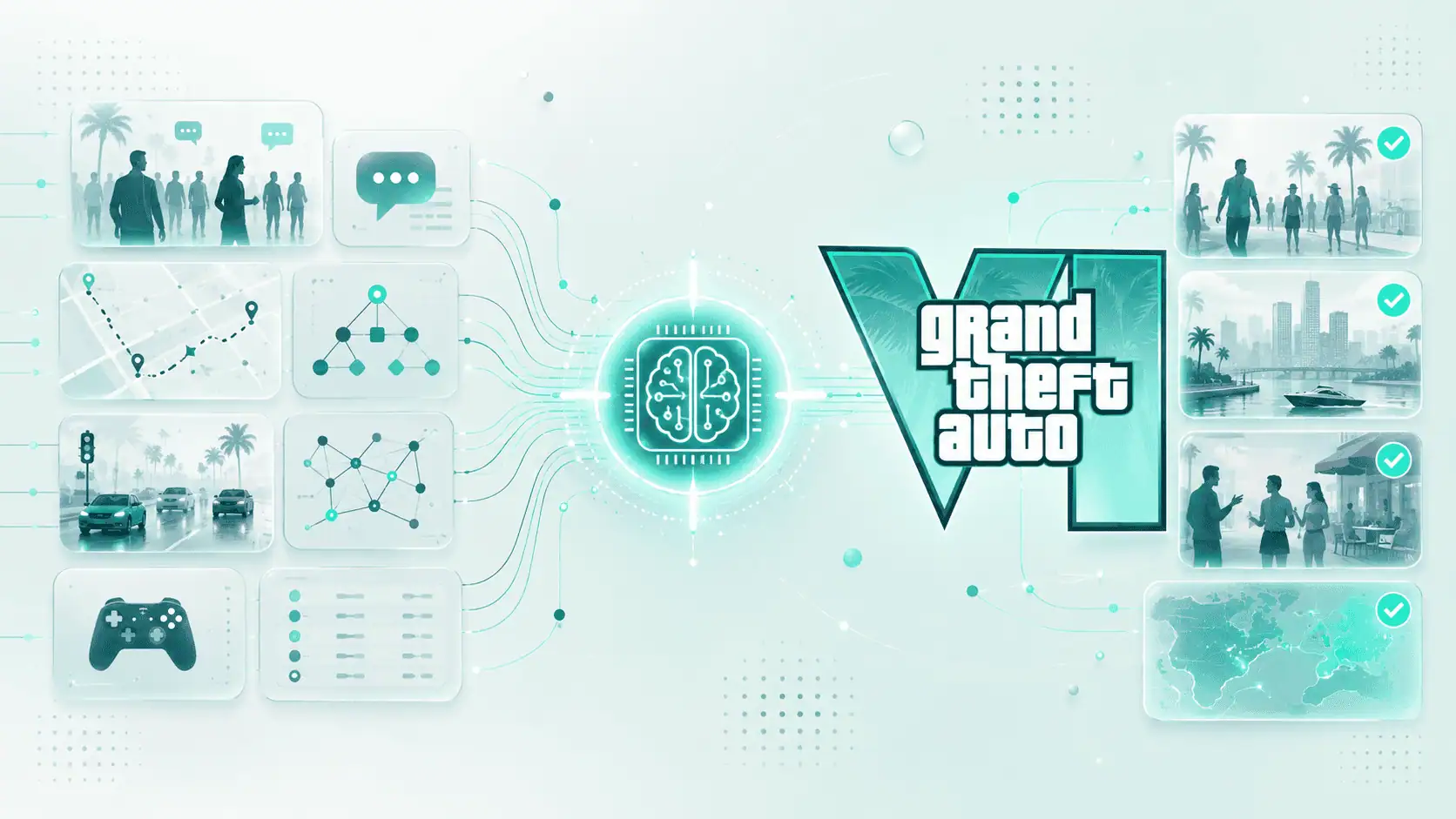 Crowd, pathfinding, behaviour-tree and traffic panels feeding a brain-shaped processor, producing NPC scenes across Vice City