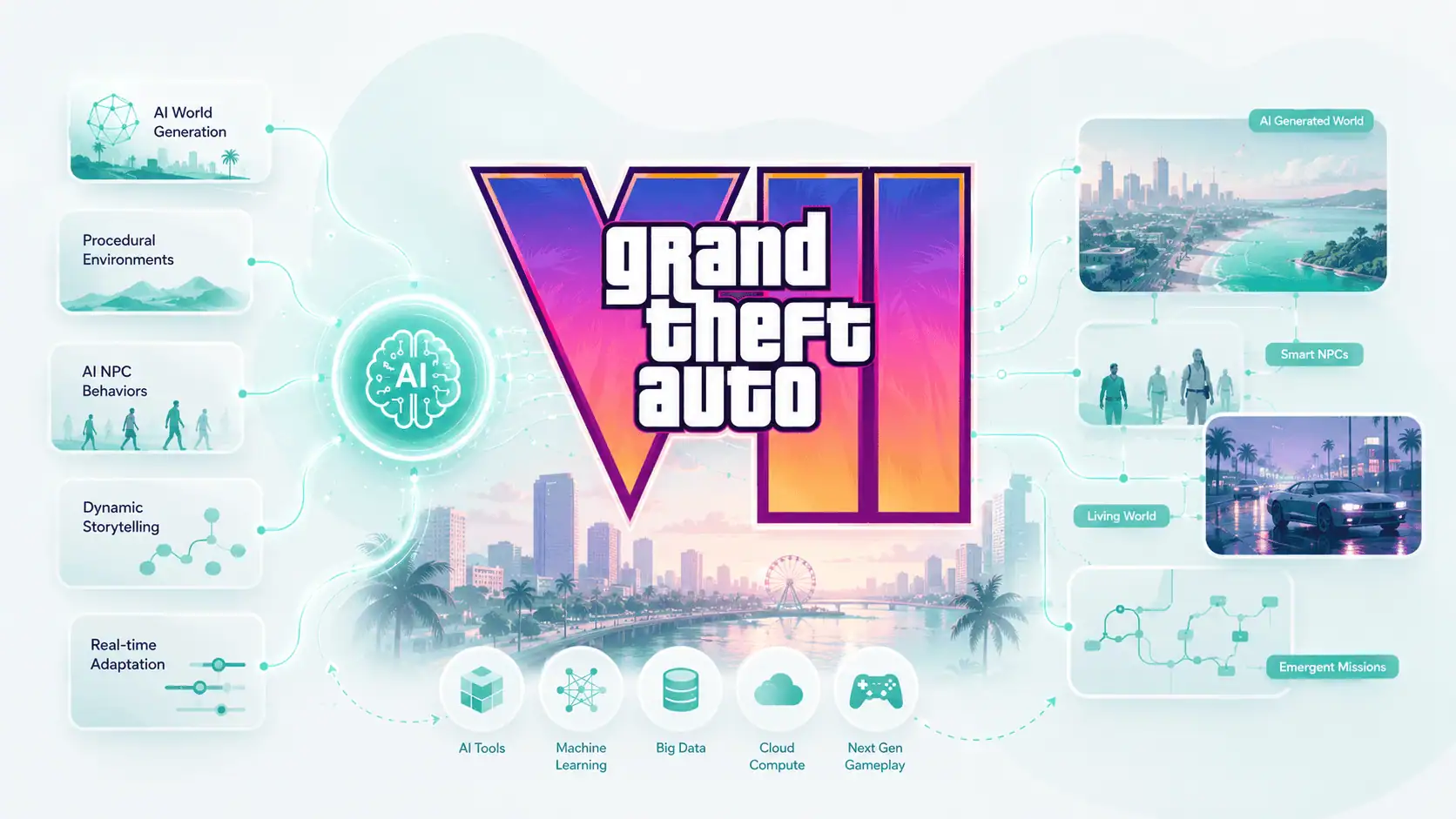 AI world generation, procedural environments, NPC behaviours and dynamic storytelling feeding a GTA VII concept logo, with generated worlds and emergent missions as outputs