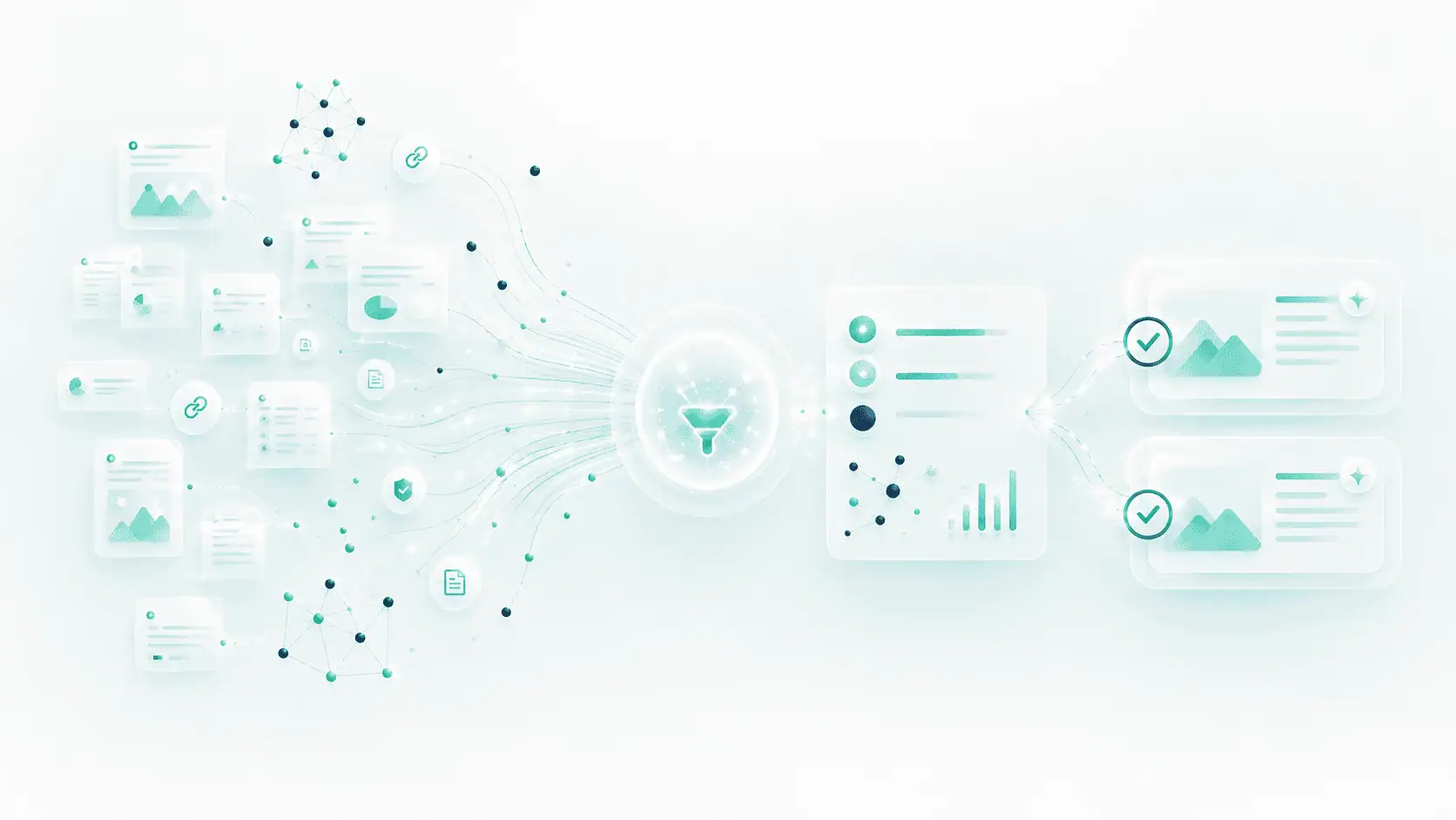 Many candidate web pages narrowing through a funnel into a shortlist, then into two cited results marked with ticks — the retrieval, selection and trust stages of AI citation