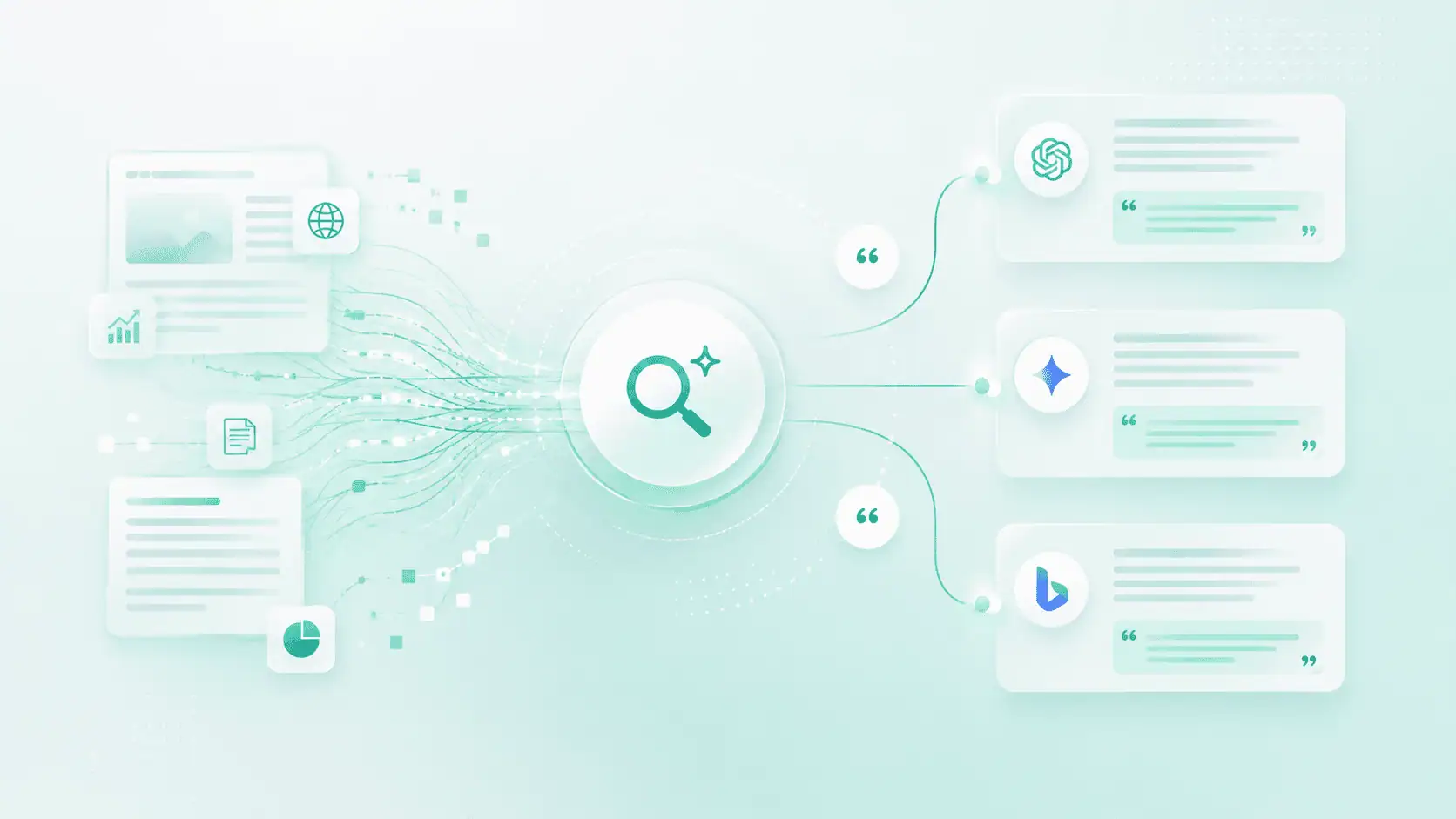 How to get cited by ChatGPT, Claude, Google AI Mode and AI Overviews — illustration of AI answer engines citing web sources