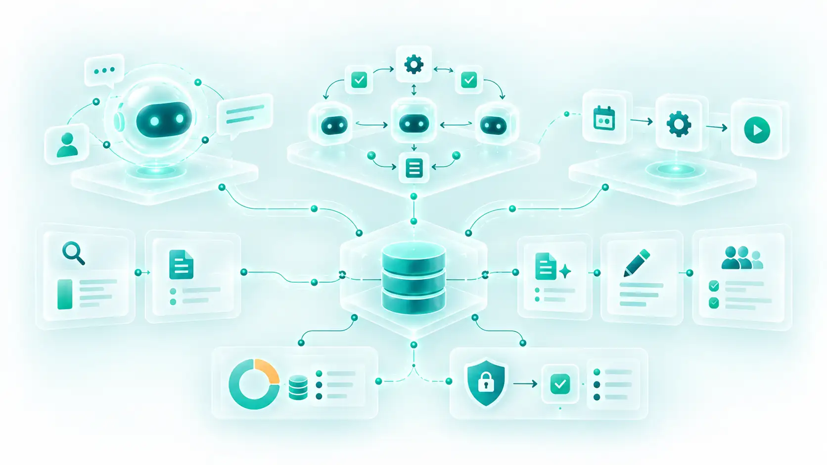 Personal agents, custom agents and fixed automations connected to a shared workspace with capability, usage and permission controls