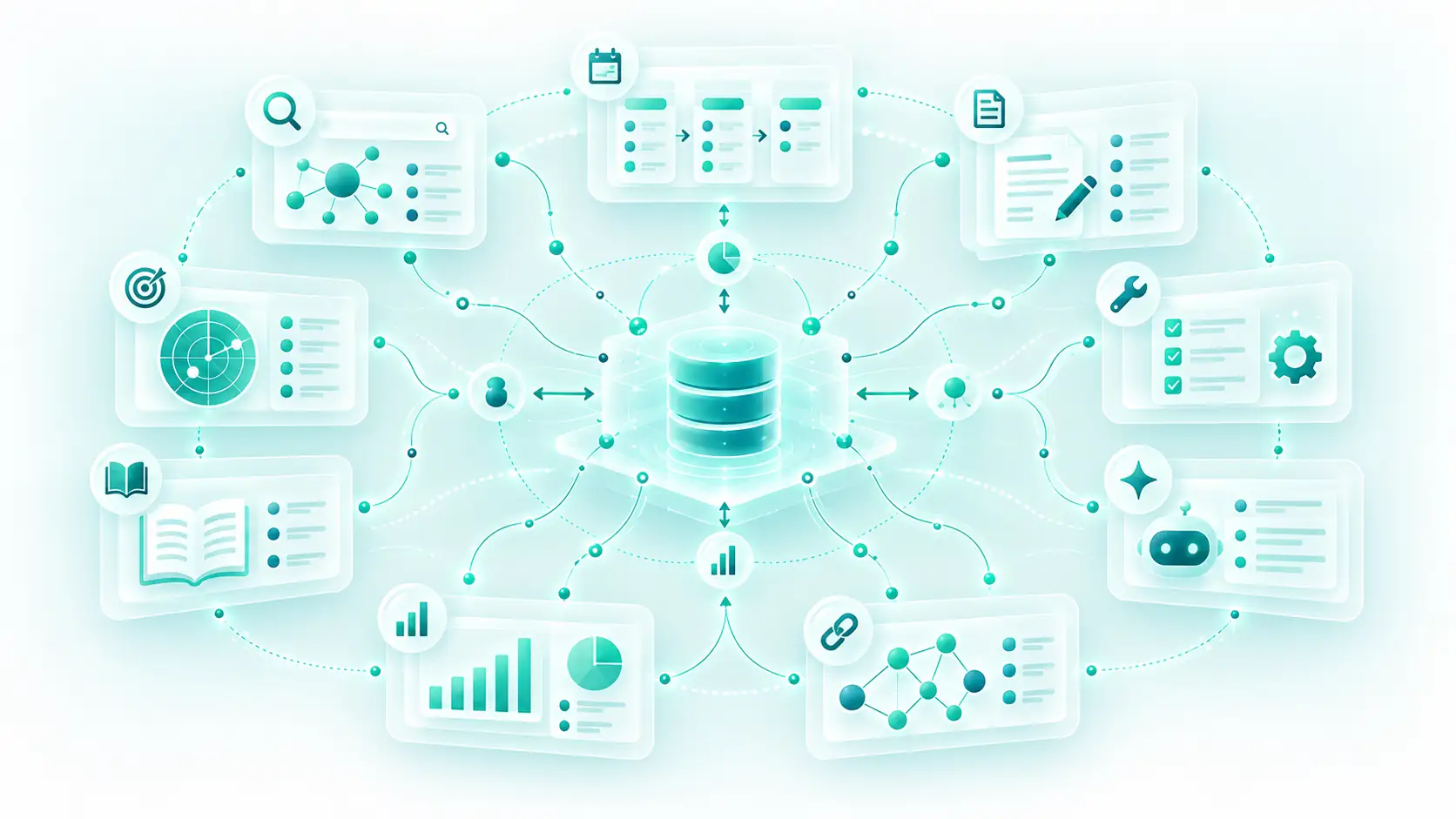 Nine connected SEO workflow modules surrounding a shared database for keywords, content, audits, citations, backlinks and reporting