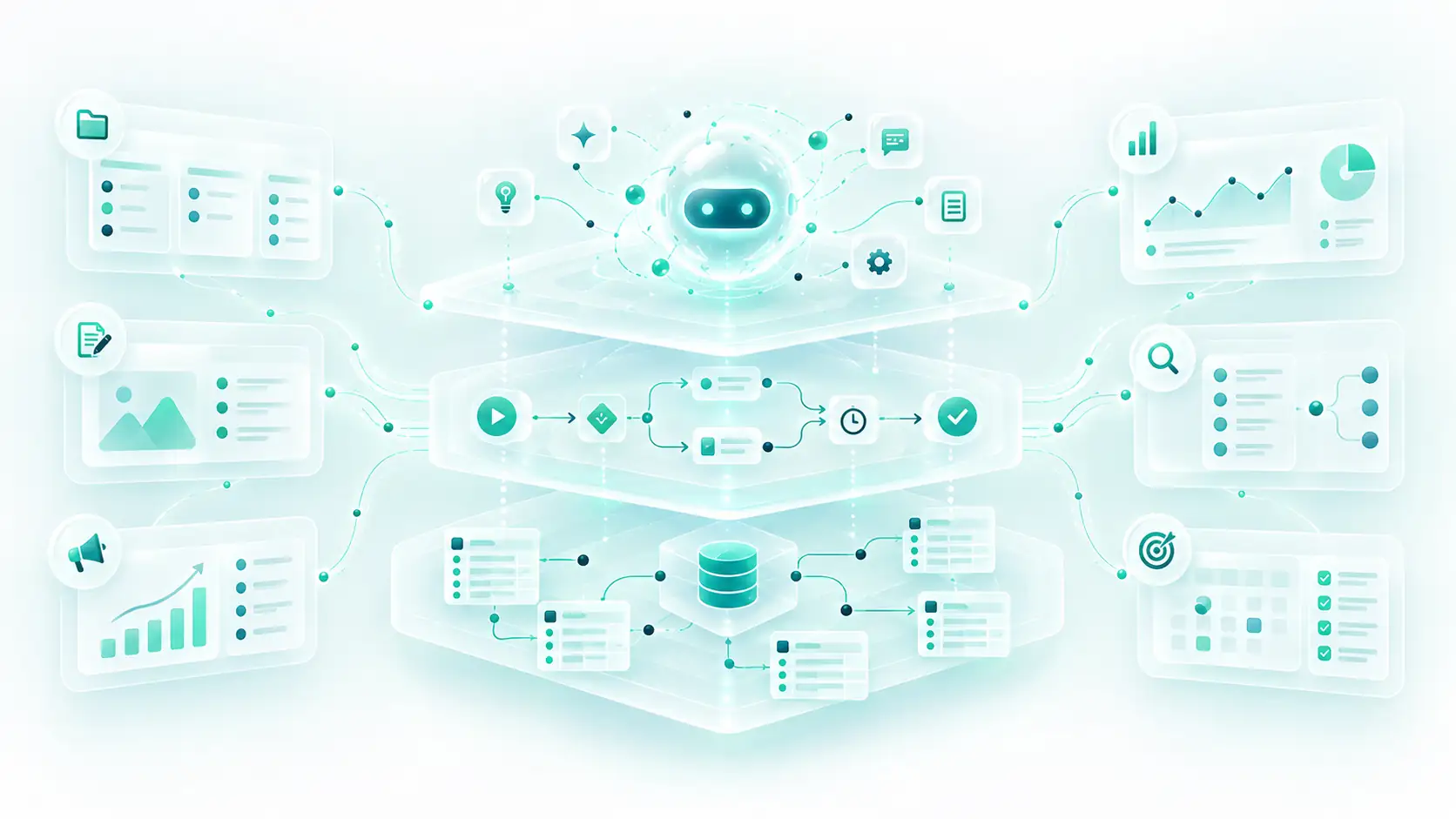 A layered productivity workspace with connected databases, automation workflows and an AI agent coordinating SEO and marketing dashboards