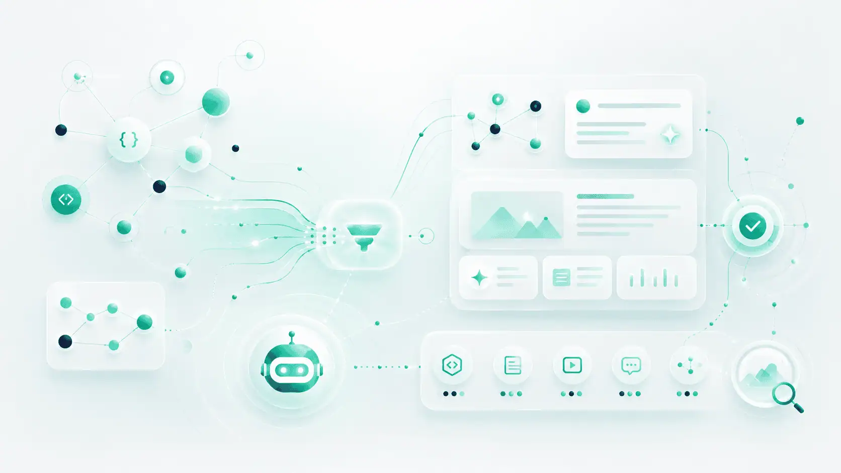 A JSON-LD entity graph on the left feeding through a filter into a rendered web page, an AI assistant and a verification tick — structured data aiding machine understanding rather than ranking