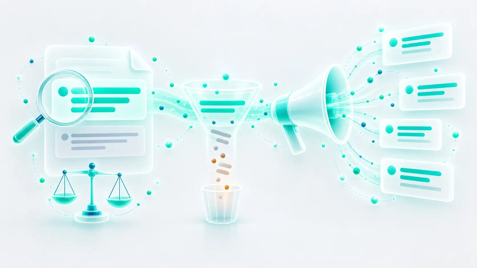 A source document passing through a selective filter that drops its qualifying line before a megaphone amplifies the claim