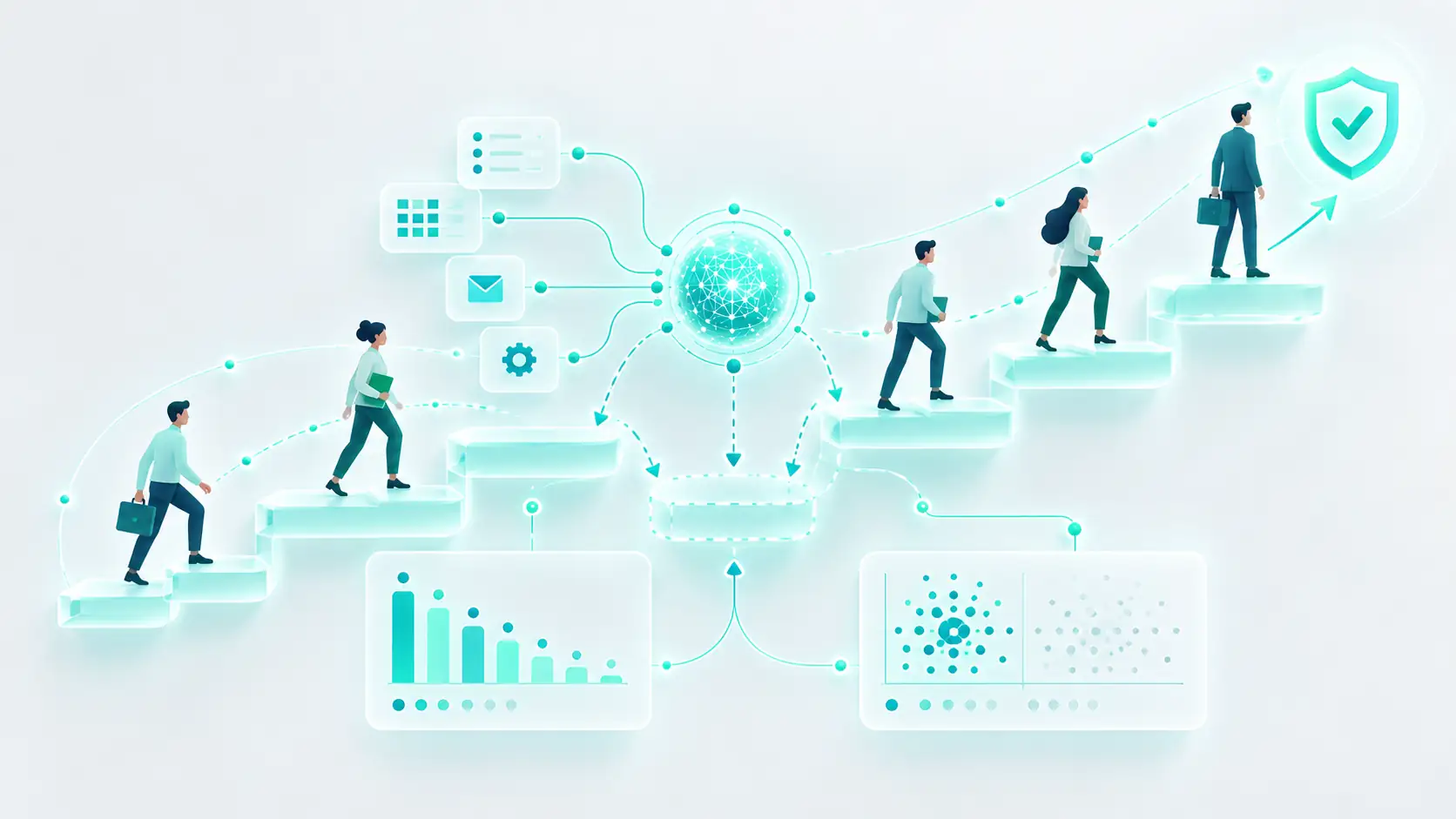Workers climbing a career staircase with a missing rung rerouted through AI automation, alongside concentrated job-impact data